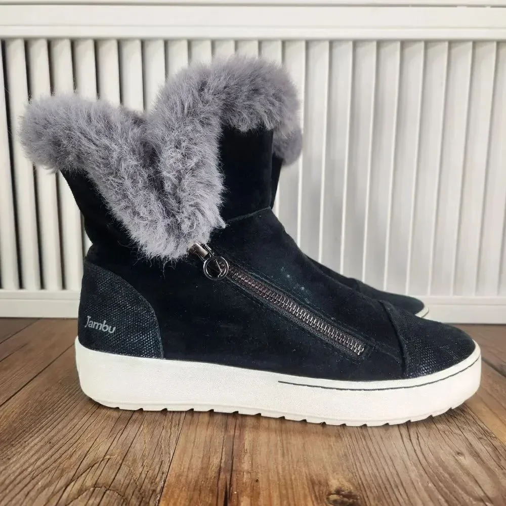 Jambu Erica Womens Sz 8M Black Faux Fur Zip Suede Ankle Winter Booties Boots